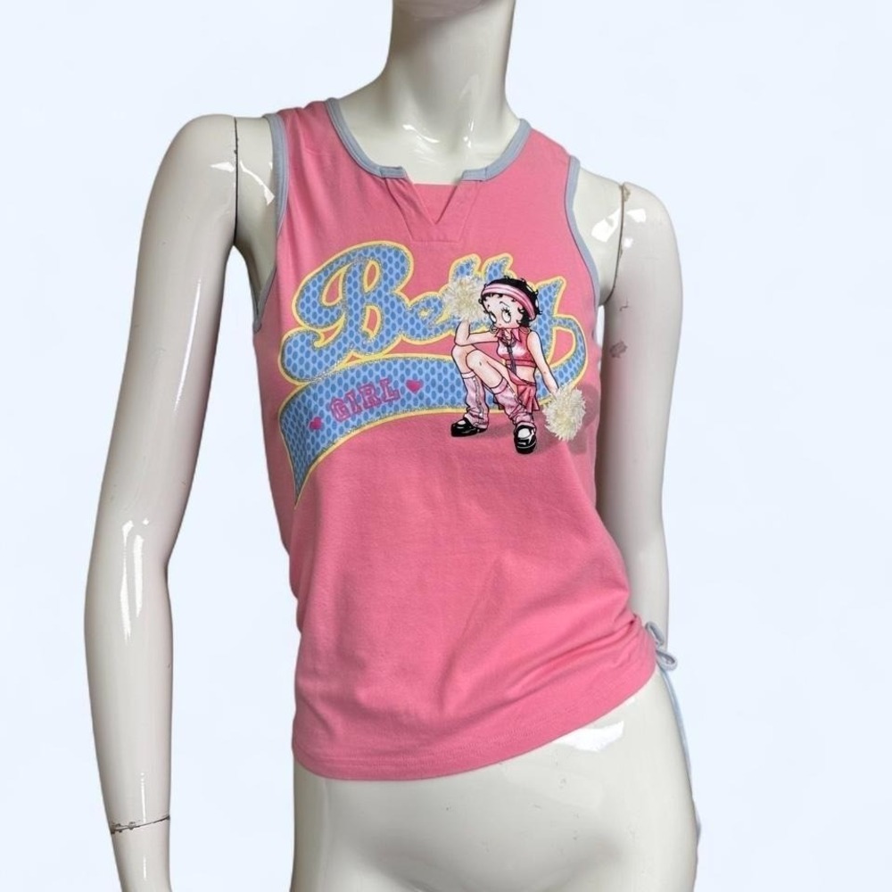 Y2K Betty Boop Cheerleader Tank Pink Ruched McBling Top Womens S sporty workout - Picture 2 of 8